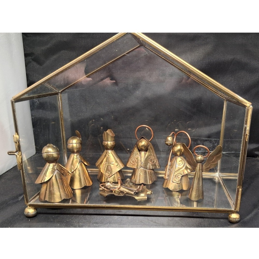 Vintage Brass Nativity Set 7 Piece Figurines with Glass House Display Case